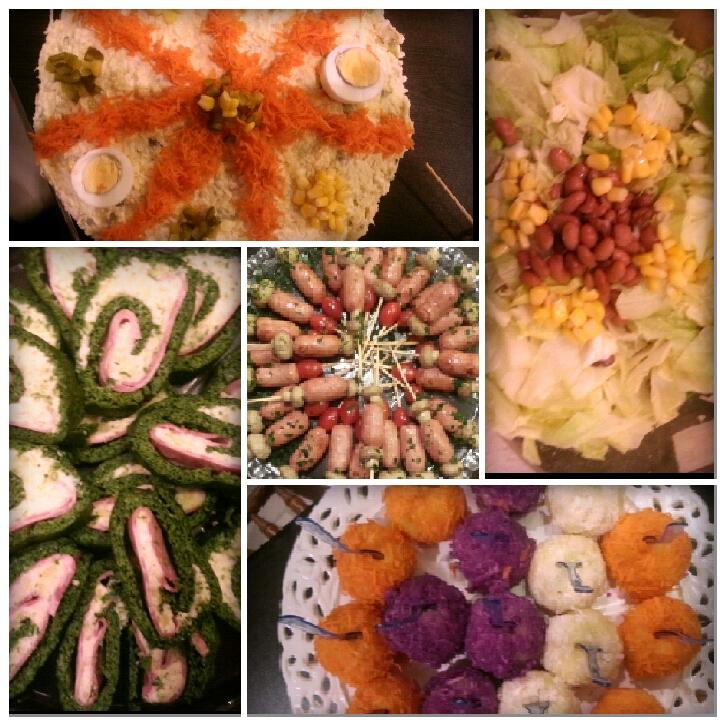 عکس میز شام من.رولت کو کو سبزی،الویه،سوسیس سیخی، سالاد لوبیا چیتی، سیب زمینی توپی