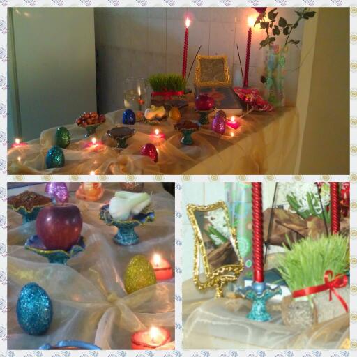 عکس سفره 7سین یواشکى دوران عقد تو خونه مجردى همسرى که شدیدا ذوق زده ش کرد:) ظرفا و تخم مرغا کار خودمه از سفال خام تا سمباده و رنگ و ....سال 92 :)