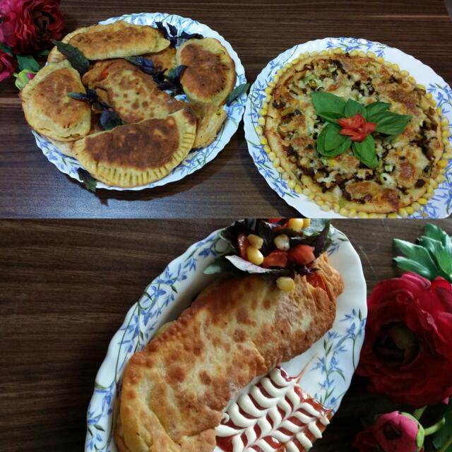 عکس پیراشکی و پیتزای گوشت و قارچ با خمیر یوفکا