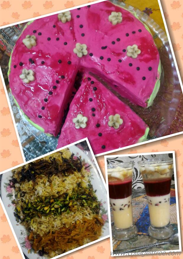عکس کیک کشمشی با دیزاین هندوانه ژله سه طعم به همراه میوه آجیل پلو
