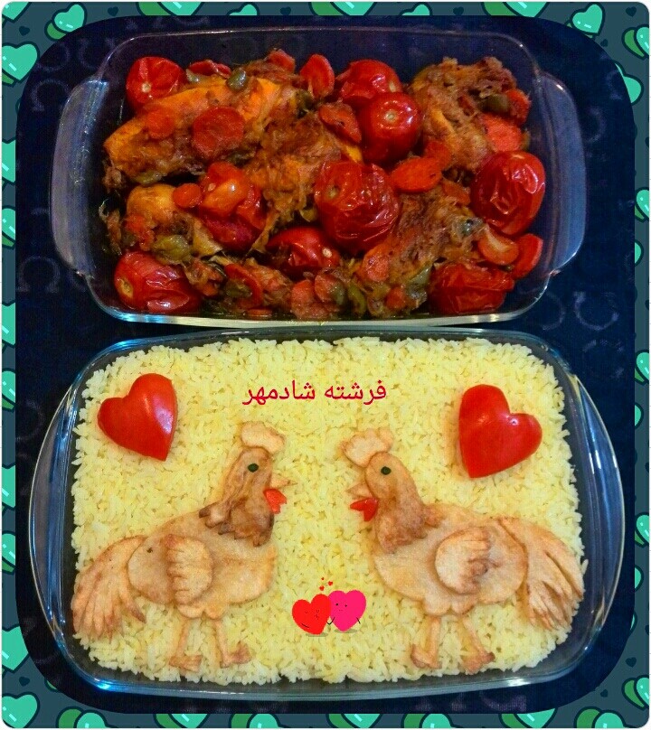 عکس مرغ سرخ شده و تزیین برنج