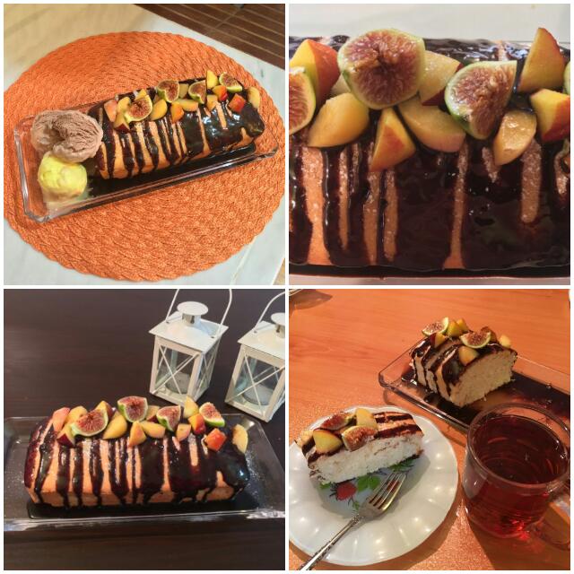 عکس کیک ماست با تزیین سس شکلات و میوه های تابستانی
