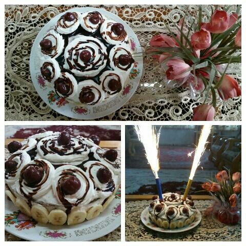 کیک تولدم با فیلینگ خامه و موز و شکلات