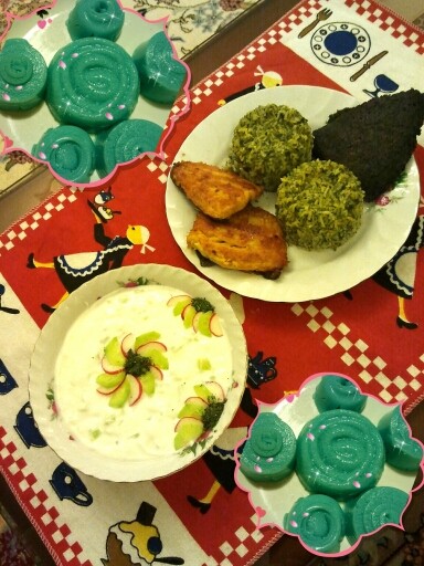 سبزی پلو با ماهی و کوکو همراه با دسر ژله