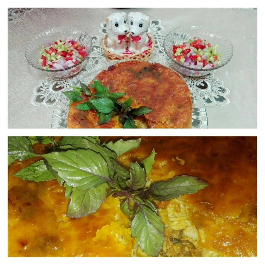 عکس ماکارونی ساده با ته دیگ و سالاد شیرازی