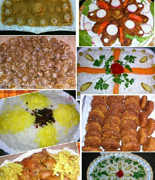 عکس سالاد الویه، فلافل، کتلت مرغ، حلوای اردبرنج،  زرشک پلوبامرغ زعفرانی، رنگینک کنجدی 