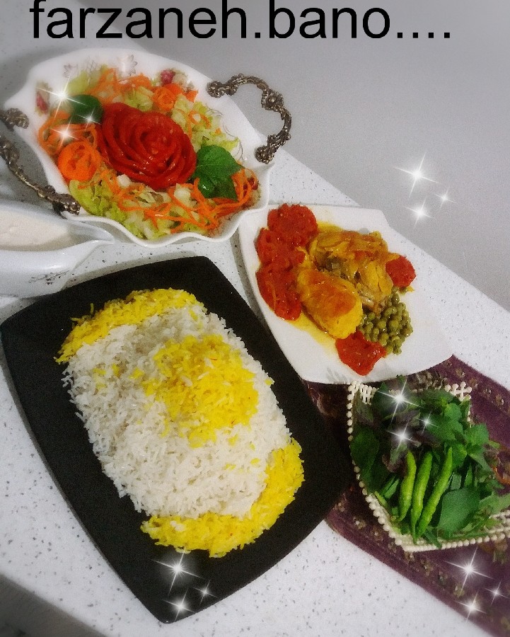 عکس مرغ زعفرونی با برنج ومخلفات