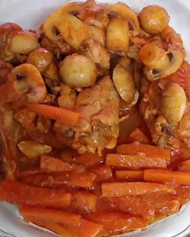 عکس خوراک مرغ وقارچ با هویج فراووون