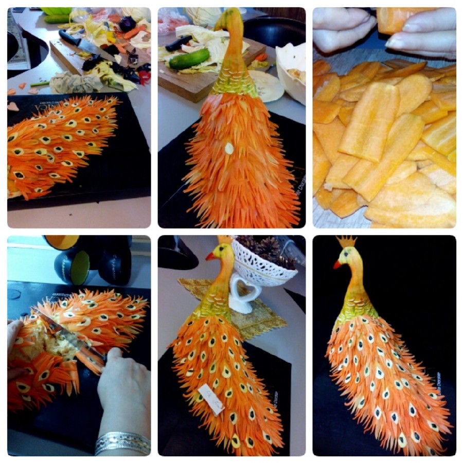 عکس مراحل درست کردن و برش سالاد اولویه ب شکل طاووس زیبا 