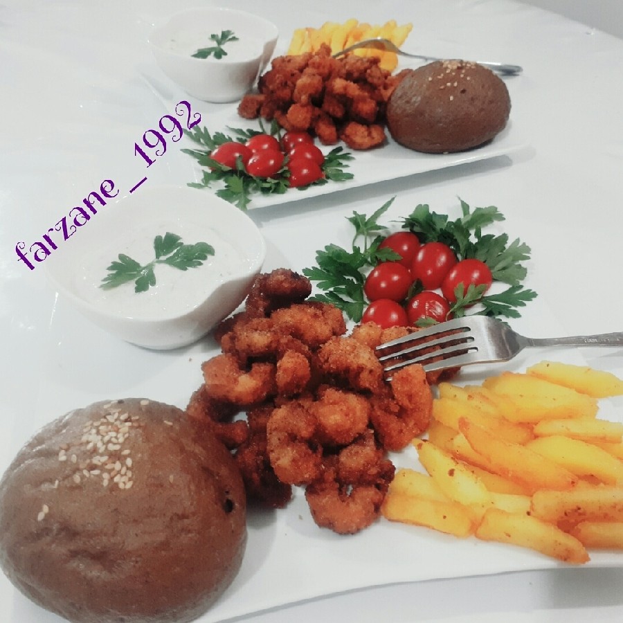 عکس میگو سوخاری با سس تارتار و سیب زمینی رستورانی 
