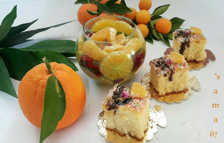 عکس کیک و ژله پرتقالی با ثمره ی درختان باغمون. ...