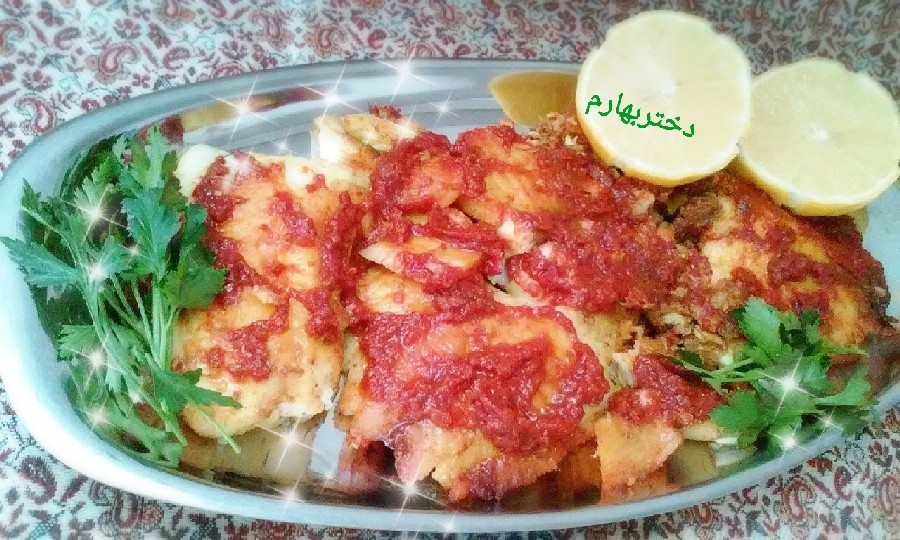 عکس خوراک ماهی سالمون با نخود سبز 