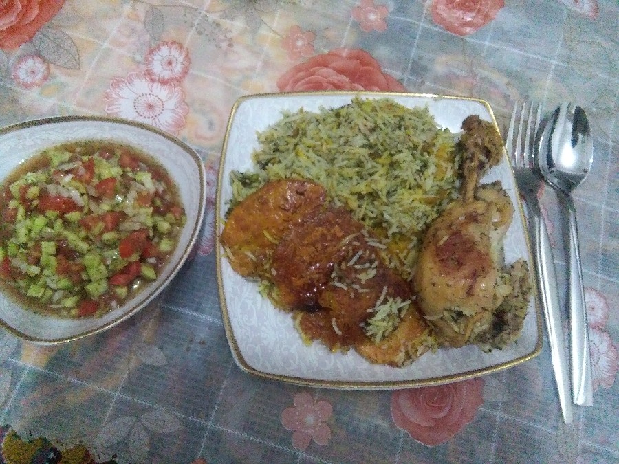باقالی پلو با مرغ و سالاد شیرازی خوشمززززه