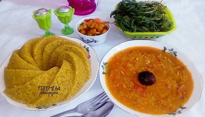 عکس گندم پلو جنوبی با خورش ماهی مؤتو