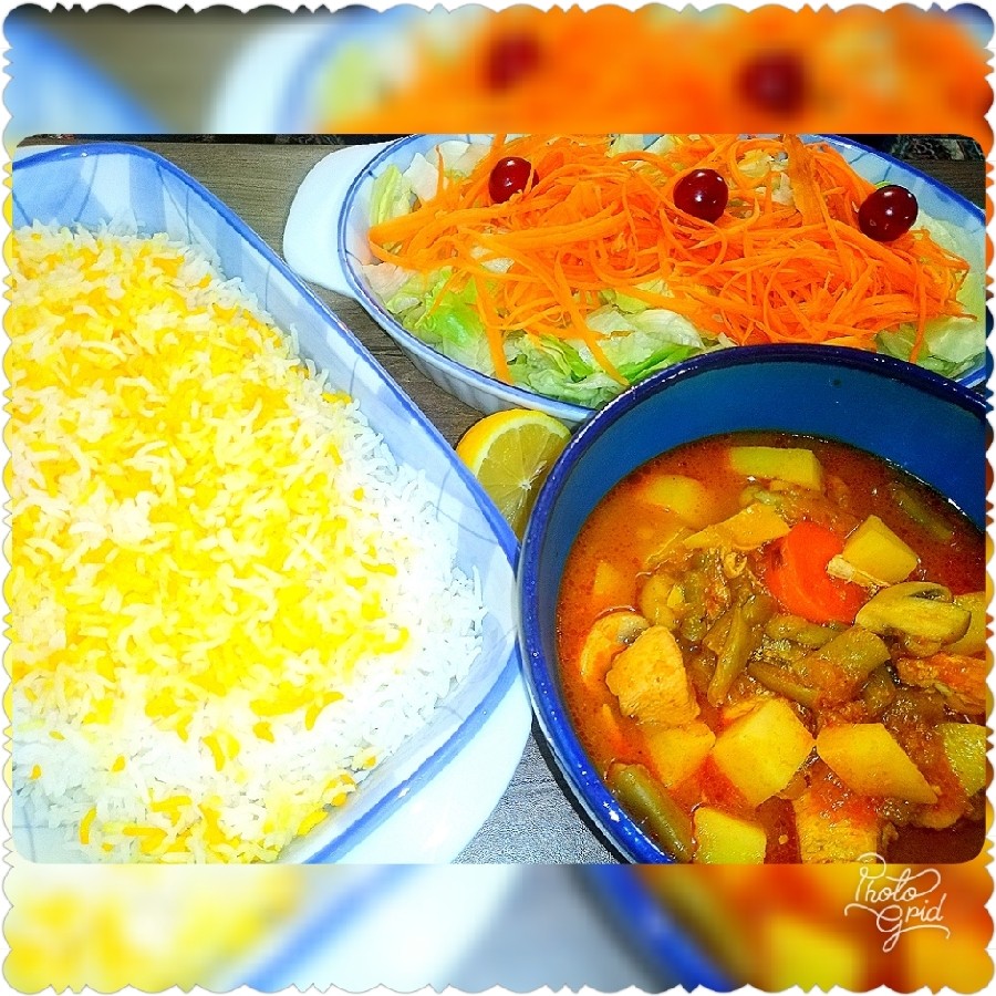 عکس خوراک مرغ و سبزیجات با پلو زعفرانی و سالاد 