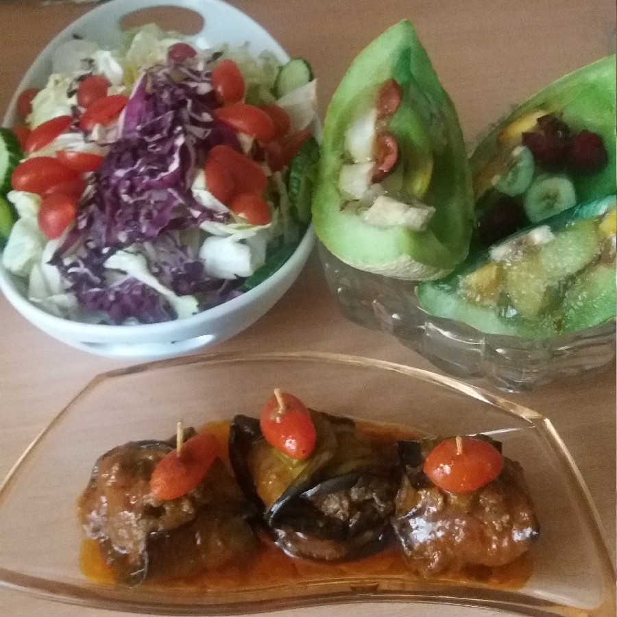عکس بقچه بادمجون با گوشت قلقلی وژله طالبی