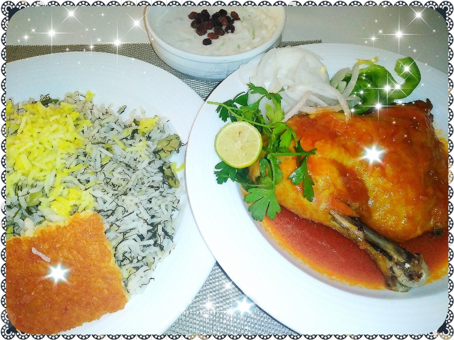 عکس باقالی پلو با مرغ، ماست و خیار و کشمش