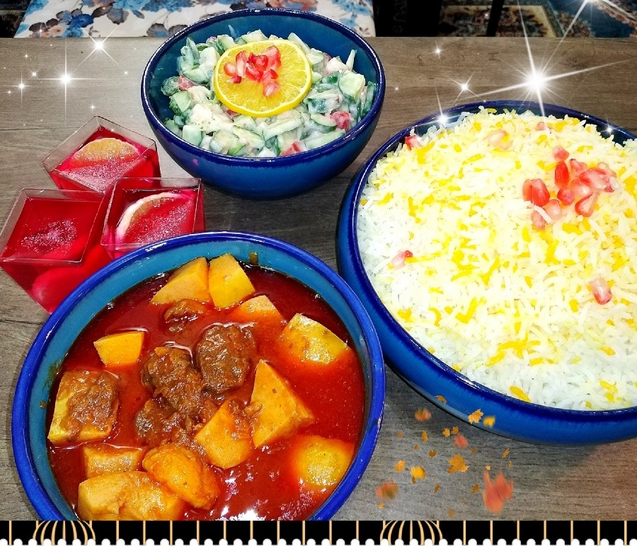 عکس خورشت گوشت و به، سالاد کلم بروکلی