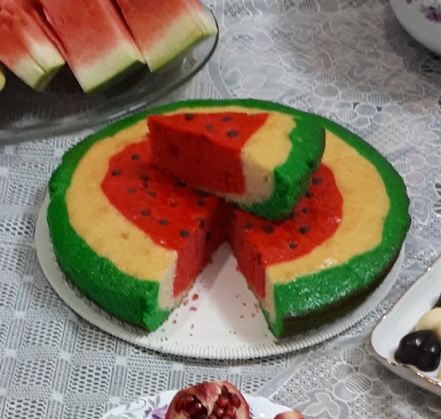 عکس کیک هندوانه ای واسه یلدا ۱۳۹۸
مراحل درست کردن کیک
#لطفا ورق بزنید#