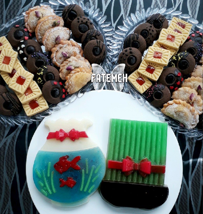 عکس شیرینی الماسی ، مارمالادی ، قطاب ، ژله سبزه و تنگ ماهی