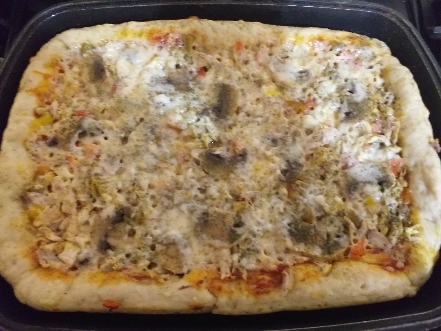 عکس پیتزا مرغ و قارچ با خمیر خانگی 