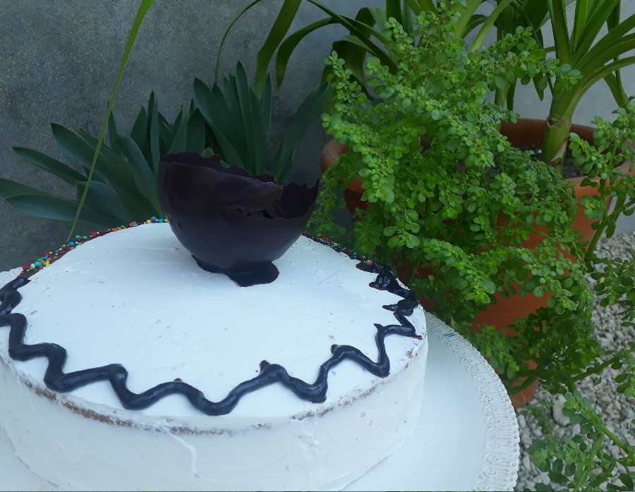 کیک اسفنجی خامه کشی ساده همراه با کاسه شکلاتی?