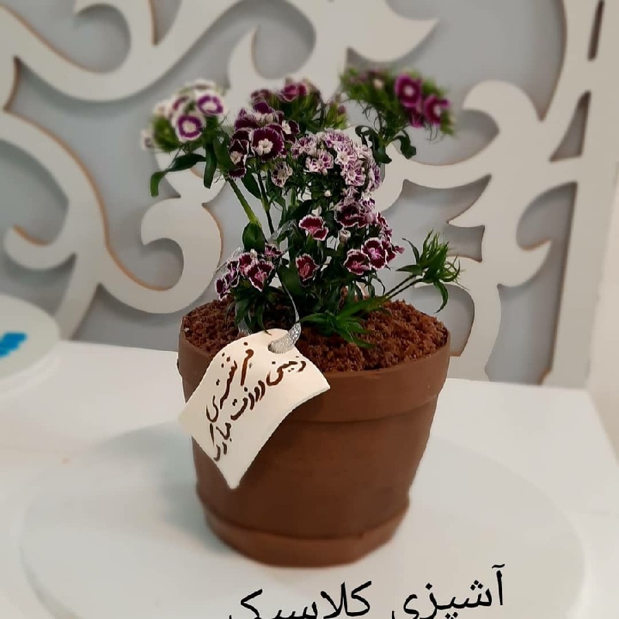 کیک روز مادر طرح گلدان با گل طبیعی??