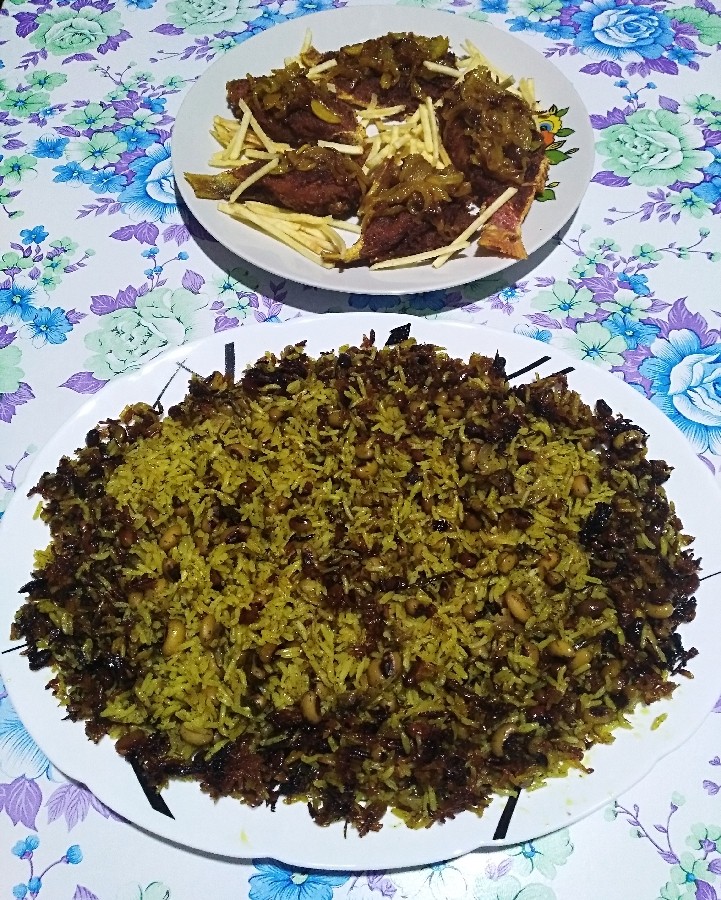 عکس لوبیا پلو ماهی سوخاری