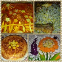 سالاد ماکارانی وخورش قیمه وپلو وپلوسبزی باماهی.