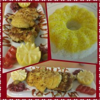 شنیسل مرغ با پلوی قالبی