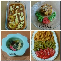 قیمه، واویشکای تن ماهی، سیب زمینی بامیه ای، و ژله حوض ماهی