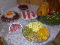 سفره یلدا (میوه خشک،دسربیسگوییتی،باسلوق هندوانه ای،ژله،لبووشلغم وهویج)