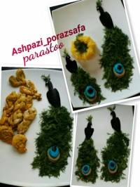 مرغ گیس باف برنج قالبی دورچین بشقاب طاووس