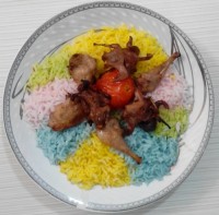 کباب گنجشک و بلدرچین برنج رنگی
