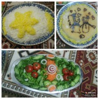 تهدیگ طرح دار تزیین ساده برنج و سالاد
