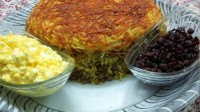 کته عدس پلو با ته دیگ رنده ای کشمش ته دیگ سیب زمینی پنیر برشته