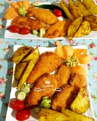 شنیتسل مرغ وسیب زمینی تنوری