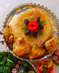 رشته پلو با خورش قیمه آلو