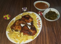 مرغ و سیب زمینی سرخ شده و سوپ جو