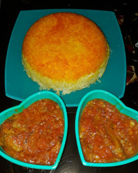 خوراک گوجه بادمجون با پلو زعفرانی