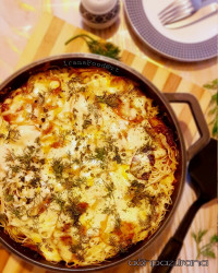 اسپاگتی با سیب زمینی پنیری و سیر