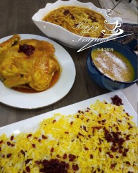 زرشک پلو با مرغ درسته،شله زرد، سوپ