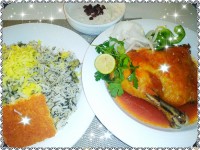 باقالی پلو با مرغ، ماست و خیار و کشمش