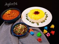 پلو ،خورشت قیمه ،سالاد شیرازی