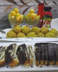 توپک سیب زمینی پنیری به همراه کیک دورنگ