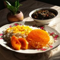 خورش قرمه سبزی برنج با ته دیگ کدو حلوای