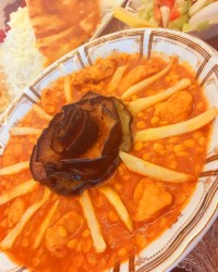 چلو خورشت قیمه بادمجون با مرغ