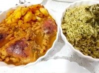 شوید پلو با خوراک مرغ و لوبیا