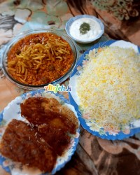 برنج و قیمه با سیب زمینی سرخ شده