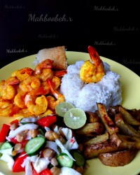 میگو کبابی و سالاد نخود و سیب زمینی تنوری